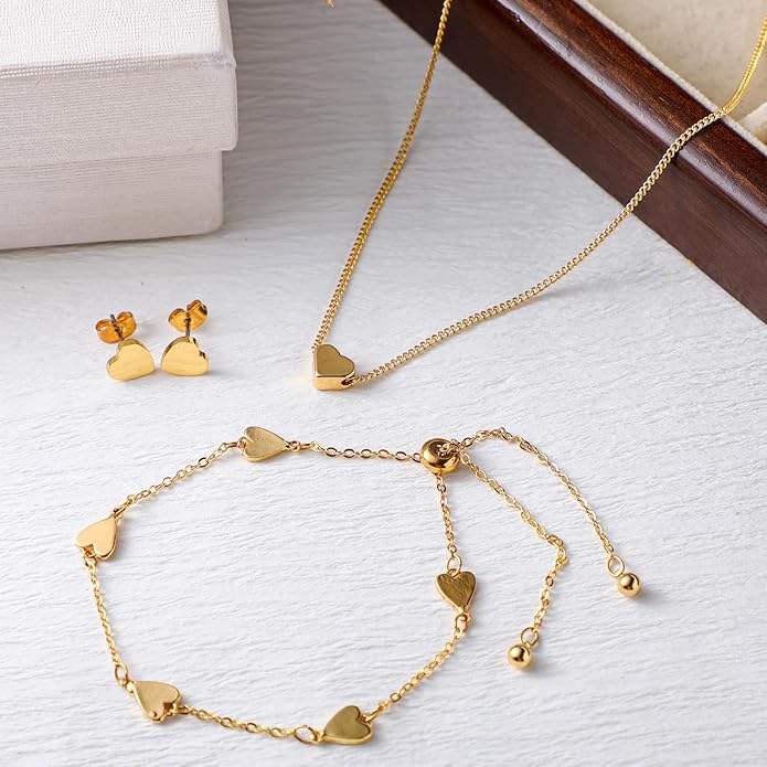 Bucherry 3 Pcs Heart Jewelry Set Bow Snowflake Jewelry Heart Pendant Chain Toggle Necklace with Bracelet Earrings Snowflake Stainless Steel Link Chain for Women Gift