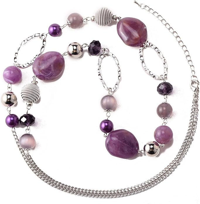 BULINLIN Beaded Long Necklace for Women Silver Sweater Chain Necklace with Crystal Resin Beads, Fashion Jewelry Necklace