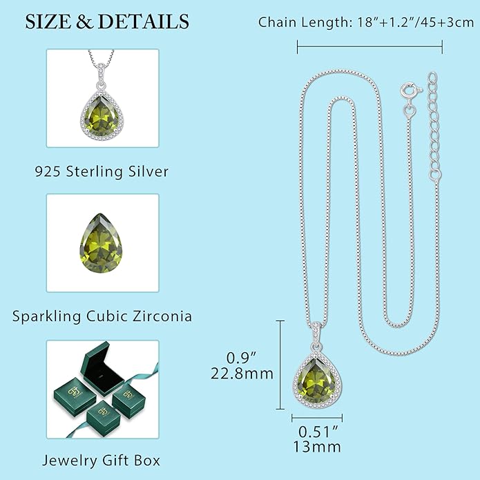 FJ Teardrop Pendant Necklace 925 Sterling Silver Birthstone Jewelry Gifts for Women