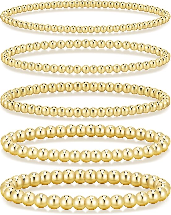 Valentines Day Gifts for Her Teen Wife Gold Beaded Bracelets for Women, 5 Pcs Dainty 14K Gold Plated Chunky Stretch Bead Ball Bracelet Stack