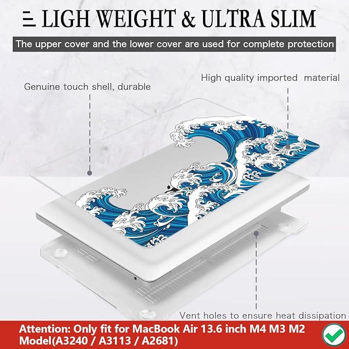 CISSOOK Wave Case for MacBook Air 13.6 inch 2025 2024 2023 2022 Release, Ocean Hard Shell Cover for MacBook Air 13.6 Touch ID Model A2681 A3113 A3240 M2 M3 M4 Chip with Keyboard Cover - Great Wave
