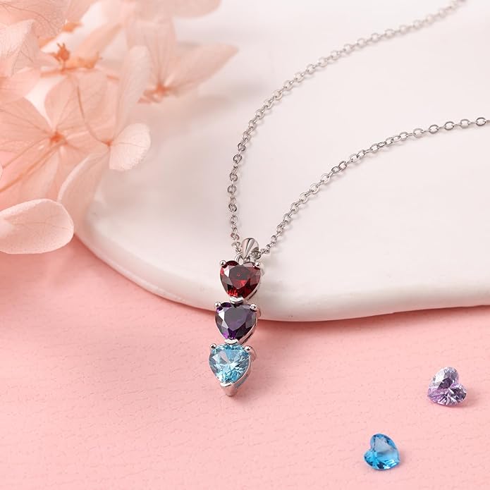 PaulaMax Jewelry Custom Birthstone Necklace for Women in 925 Sterling Silver, Mother's Day Necklace with 1 2 3 4 Heart Birthstones, Personalized and Customized Sterling Silver Chain 18" + 2"