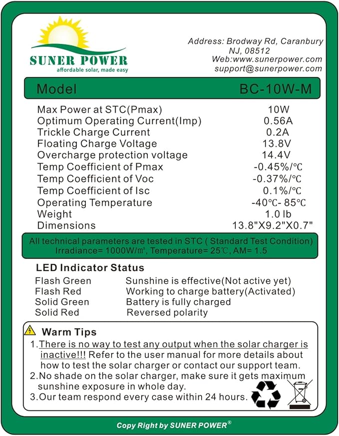 SUNER POWER 10W 12V Solar Battery Charger Maintainer, Built-in Smart MPPT Charge Controller, Adjustable Mount Bracket, Waterproof 10 Watt Solar Panel Kits for Car Automotive Boat Marine RV Trailer