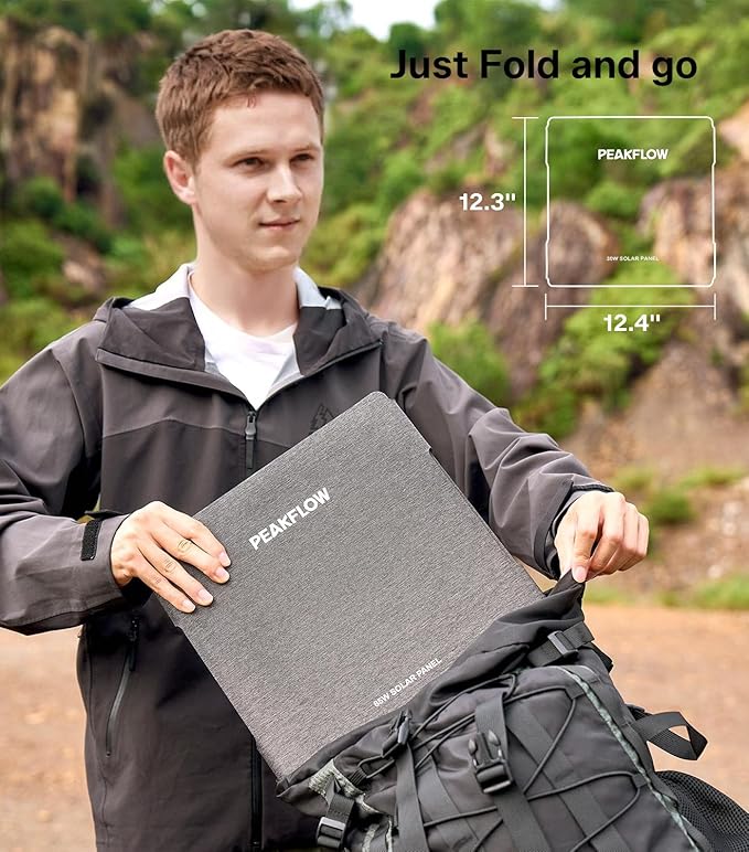 PEAKFLOW 65W Solar Panel,Foldable Portable Solar Panel,25.4% High-Efficiency, 45W PD USB-C Port,QC3.0 USB-A Port,DC5521 Output, Folding IP 68 Waterproof Solar Panels with Carabiners for Camping