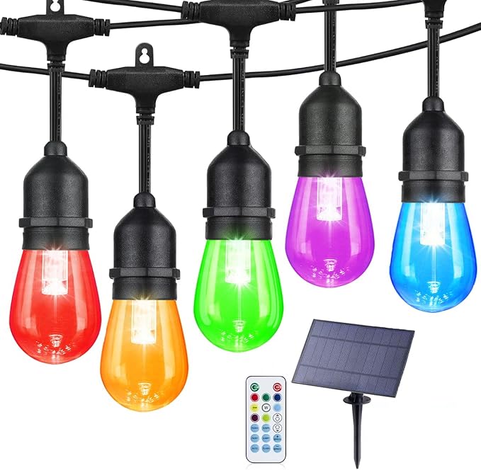 Auroraworld 48FT Solar RGB Outdoor String Lights, Dimmable Waterproof LED Patio Lights with Remote, 15 Shatterproof Bulbs for Garden Party Decor