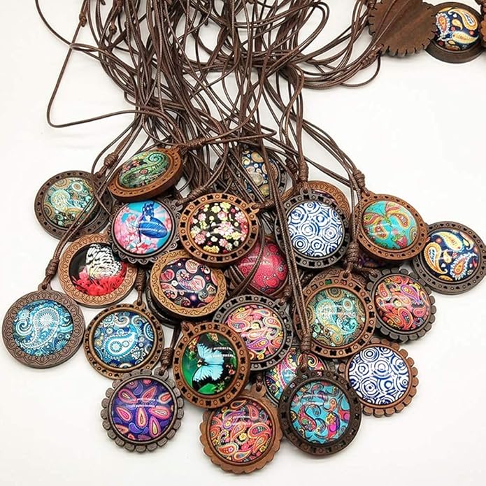 ToBeIT Bezel Pendant Trays Round Wooden and Glass Cabochon Round Clear Dome for DIY Crafting Photo Jewelry Making