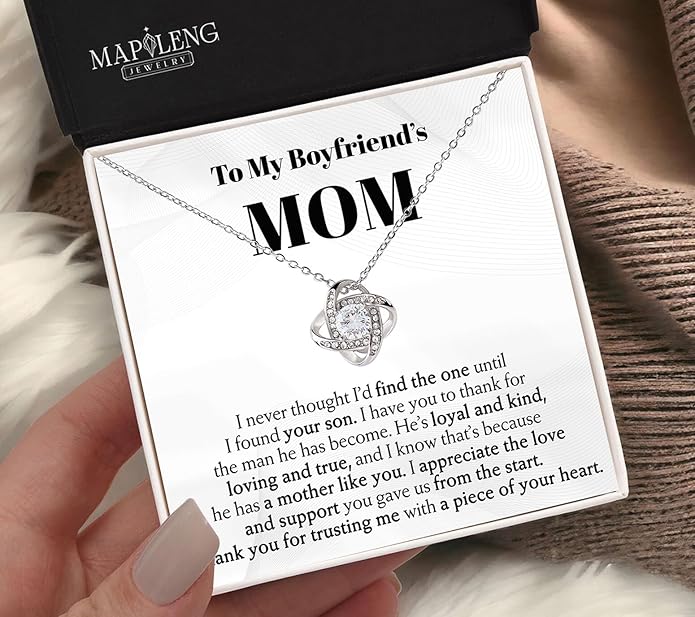 To My Boyfriend's Mom Love Knot Necklace, Elegant Jewelry Gift From Girlfriend, Meaningful Mothers Day Surprise, Birthday Christmas Keepsake With Heartfelt Message