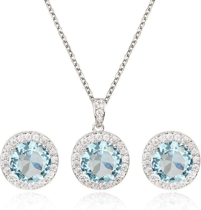 Bridal Crystal Jewelry Set - Sterling Silver Round Cubic Zirconia CZ Rhinestone Halo Birthstone Pendant Necklace Stud Earrings Set for Wedding Bride Bridesmaids Birthday Gift