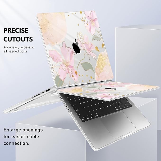 for MacBook Pro 16 inch Case 2021 2022 2023 2024 Release A3186 A3403 M4 A2991 M3 A2780 M2 A2485 M1 Pro/Max, Hard Shell Case with Screen Protector & Keyboard Cover, Gold Blossom Flowers