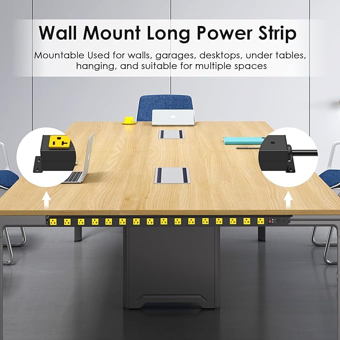 JUNNUJ Long Metal 16 Outlet Power Strip, Heavy Duty Power Strips Surge Protection 4800J with Circuit Breaker, 20a Wide Spaced Socket Wall Mount 5-15P Adapter High Amp 6-20R T-Slot 4FT Extension Cord
