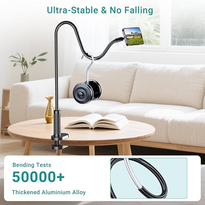 Gooseneck Phone Holder for Bed, Magnetic Cell Phone Stand for iPhone 16 15 14 13 12 Pro Max Plus Mini, Flexible Long Arm Mount 360 Adjustable for Desk Bedside Filming