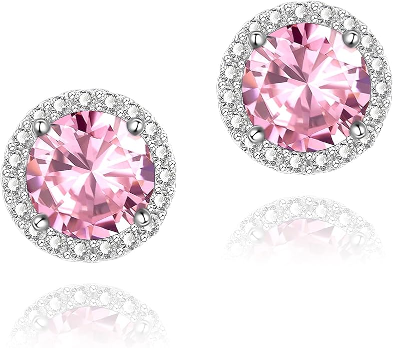 YOMELA Cubic Zirconia Earrings Studs, Halo CZ Birthstone Simulated Diamond Stud Earrings for Women