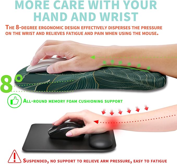Ergonomic Mouse Pad Wrist Support with Memory Foam Massage Bulge, Carpal Tunnel Pain Relief Mousepad Wrist Rest for Mouse(12x8 inch, Leaves)
