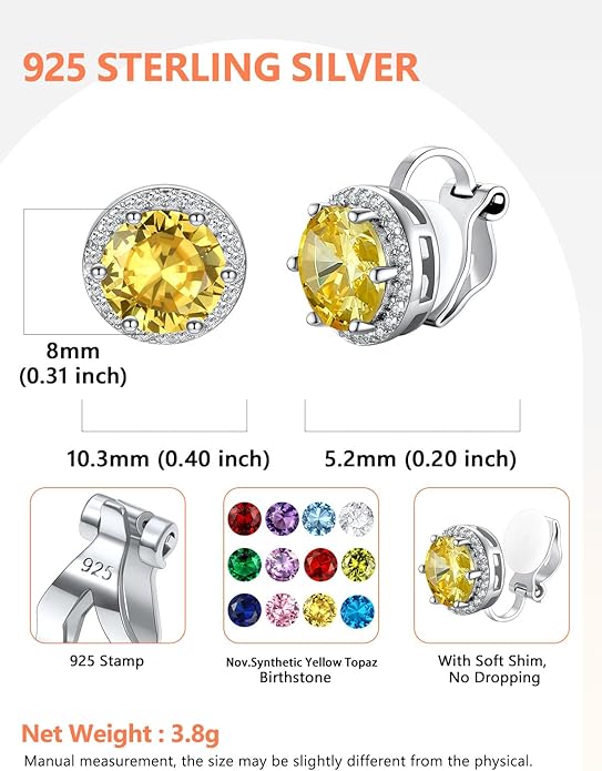 Silvora 925 Silver 8MM Cubic Zirconia Birthstone Clip On Stud Earrings Round Non Pierced Earrings For Women,Come with Box