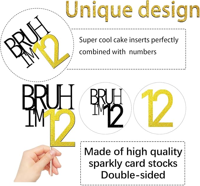 Bruh I'm 12 Cake Topper - Bro I'm 12, Happy Sweet 12 Ornament for Boys' 12th Birthday Party Supplies (Bruh I'm 12)