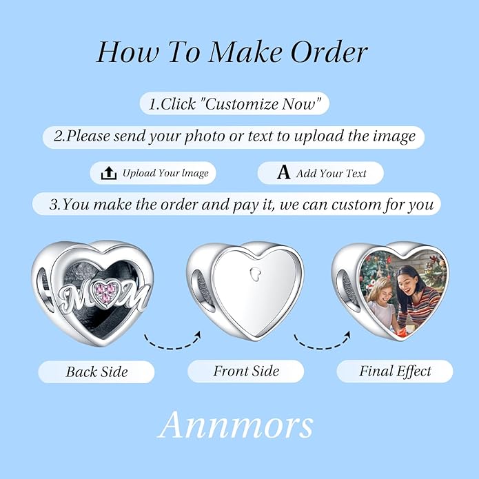 Annmors Personalized Photo Charm for Bracelet Necklaces,925 Sterling Silver Charm Love Heart Shaped Engraved Customize Picture Gift for Birthday Mother's Day Christmas,Bead Charms Jewelry for Women