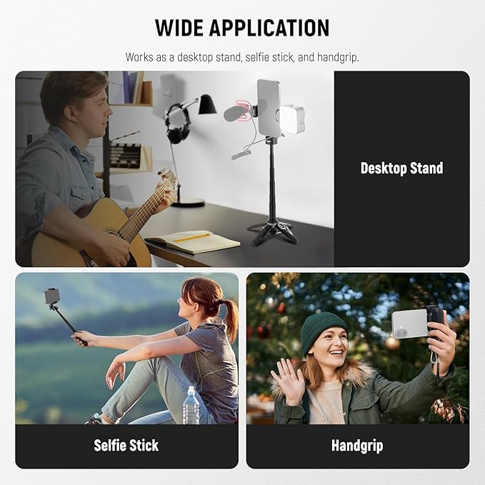 NEEWER Selfie Stick Tripod for iPhone, Lightweight Foldable Mini Travel 360° Desk Stand with Cell Phone Holder Cold Shoe for Video Recording Vlog Streaming, Remote Shutter & Cleaning Cloth, P15 Black