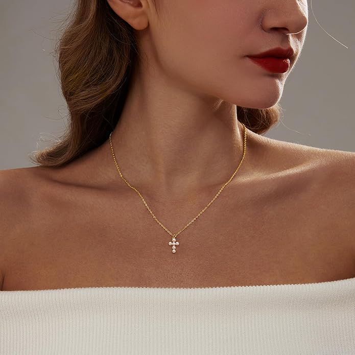 Zeffy Cross Necklace for Women,18K Gold/Silver Plated Tiny Cubic Zirconia Cross Pendant Necklace for Women Simple Layered Cross Necklaces for Women