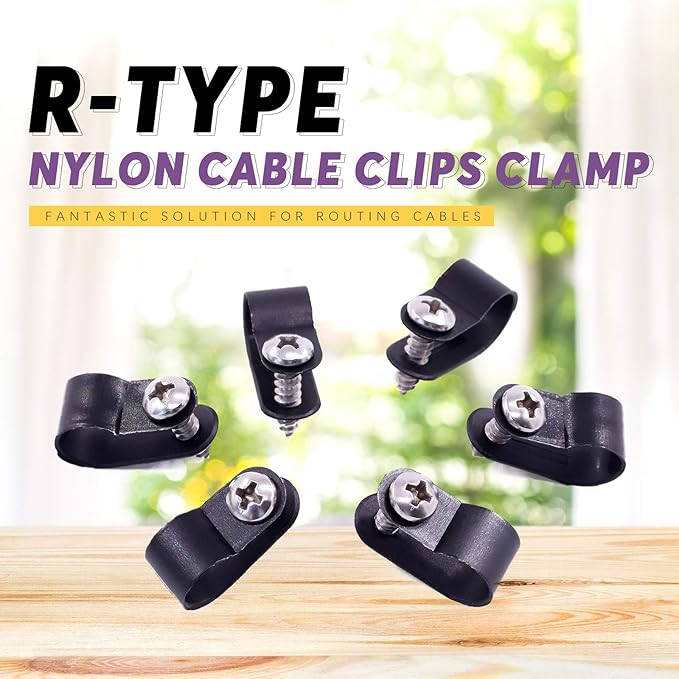 Swpeet 120 Pack Black 3/8 Inch Nylon Plastic R-Type Cable Clips Clamp Kit, Nylon Screw Mounting Cord Fastener Clips with 120 Pack Screws for Wire Management (3/8 Inch, Black)