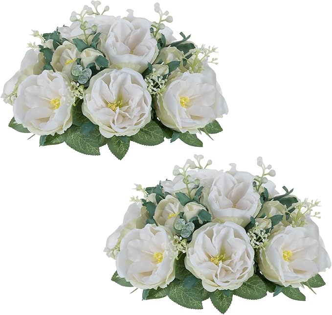 NUPTIO Artificial Flowers Ball Centerpieces: 2 Pcs 9.8 Inch Diameter Fake Kissing Rose Floral Balls for Wedding Party Bridal Shower Valentine Home - White Bouquet Arrangement Decorations for Table