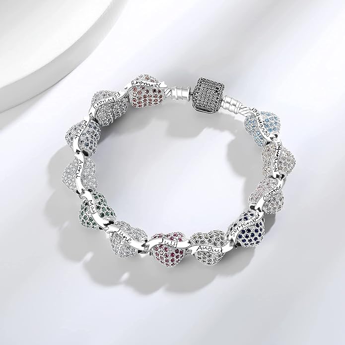 Birthstone Charms 925 Sterling Silver Love Heart Beads Fit Pandora Charms Bracelet, Fit Mother's Day Christmas Birthday Gift