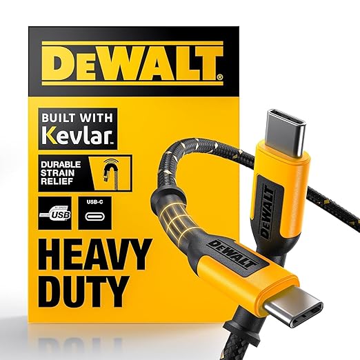 DEWALT Heavy Duty USB C Cable, Jobsite 60 Watt USB C Cable, High Speed Type-C to Type-C, Fast Charge PD USBC Fast Charging Cord for iPhone 16/15 Plus Pro Max, MacBook, iPad, Samsung Galaxy, 6 ft