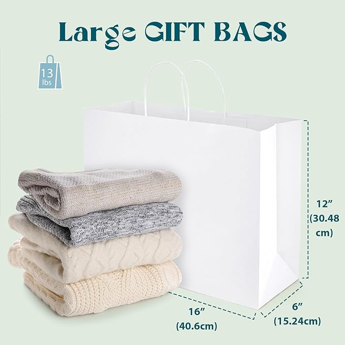 MESHA White Large Paper Bags 16x6x12 Inch 100 Pack Kraft Shopping Gift Bags with Handles Bulk for Small Business, Party, Recycled