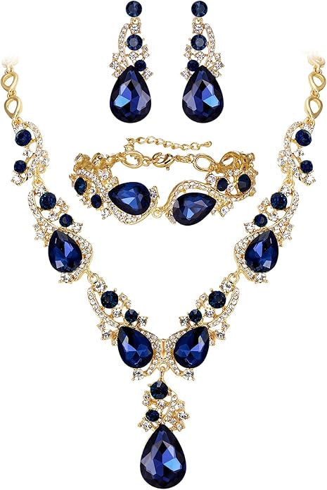 BriLove Wedding Bridal Jewelry for Women Multi Teardrop Cluster Crystal Statement Necklace Dangle Earrings Link Bracelet Set