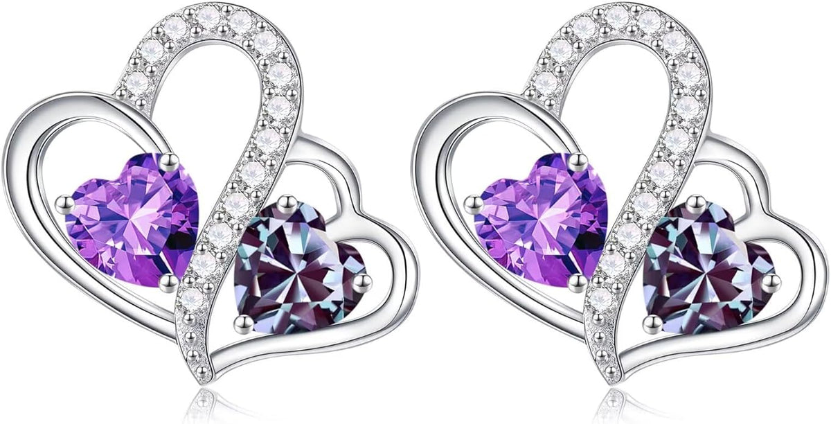 Iefil Valentines Day Gifts for Her - Birthstone Earrings Gift for Women, 925 Sterling Silver Double Heart Birthstone Earrings | Anniversary Birthday Gifts for Women, Personalized Jewelry for Wife Mom