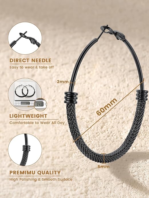 KeyStyle Mesh Hoop Earrings for Women, Stainless Steel Gold Hoops Earring Lightweight Loops, 2MM Thick Hypoallergenic Circle Endless Hollow Hoop 20mm-80mm