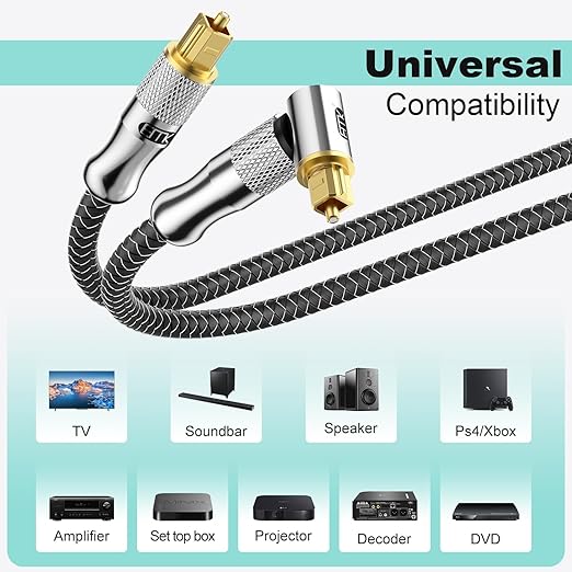 EMK Premium 24K Gold-Plated Right Angle Optical Cable – 90° Toslink to Toslink (1M/3Ft), 360° Rotatable for Soundbars, TVs & Home Theater