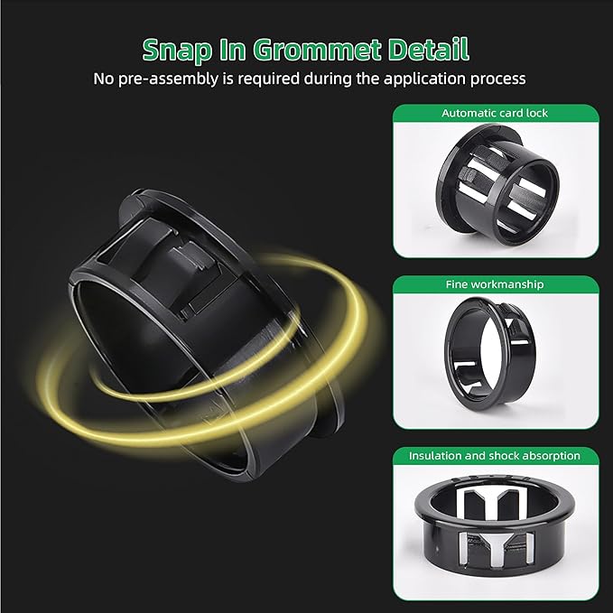 2-3/8"(60mm) Black Snap-in Knockout Insulating Bushing Grommets, Plastic Cable Hole Grommets for Wiring, Round Nylon Snap in Locking Electrical Wire Cord Hose & Tubing Bushings Grommets, 4pcs