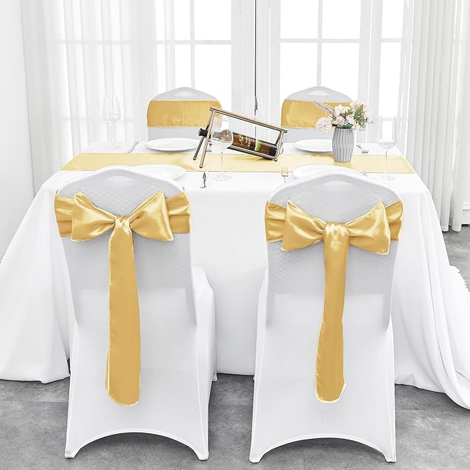5-Pack Satin Table Runner Light Gold 12 x 108 Inch Long Silk Satin Table Runners for Wedding,Graduations,Engagements,Birthday Party and Banquet Decoration（5 Pack, 12x108 Inch, Light Gold）