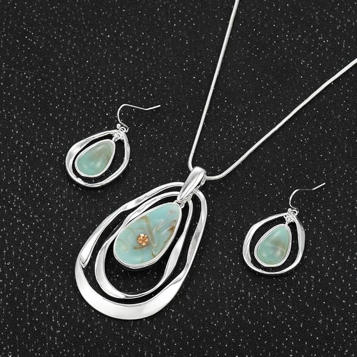 Madison Tyler Gold Plated Jewelry Set for Women | Silver Teardrop Pendant Necklace Trendy | Long Necklace with Snake Chain | Fashion Dangle Earring Set