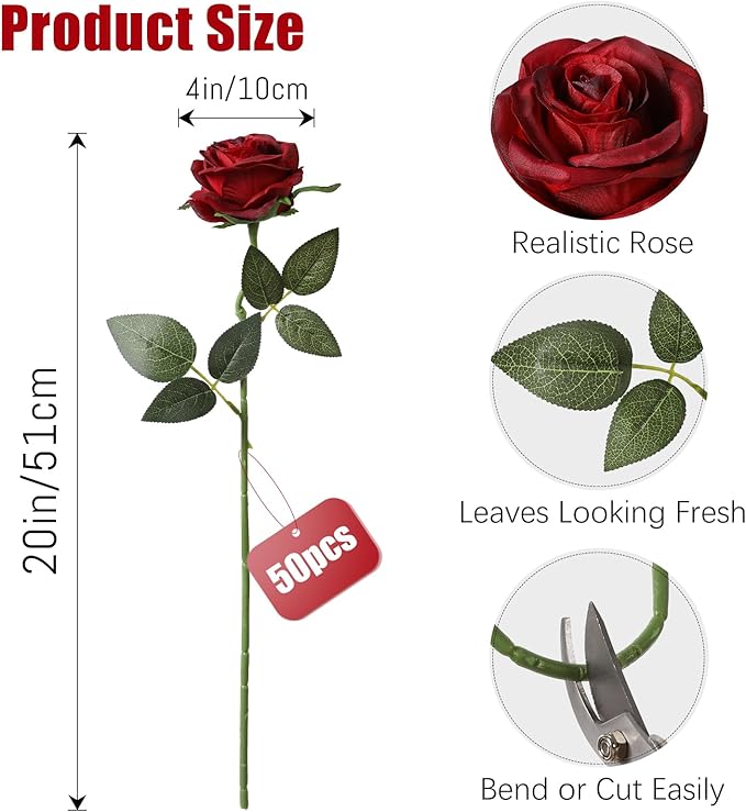 Tifuly 50 Pcs Red Roses Artificial Flowers Bulk,Realistic Long Stem Fake Silk Roses Bouquet for Wedding Centerpiece Table Vases Party Home Kitchen Decor（Burgundy）