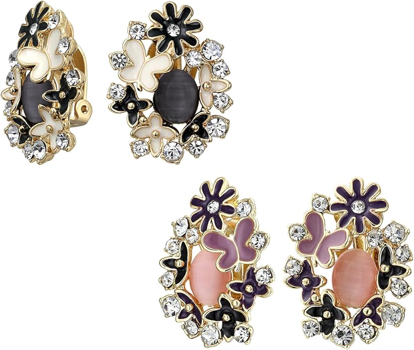 Pink Red Enamel Flower Crystal Edge Spring Retro Floral Rose Clip On Earrings For Women Non Pierced Ears 14K Gold Plated