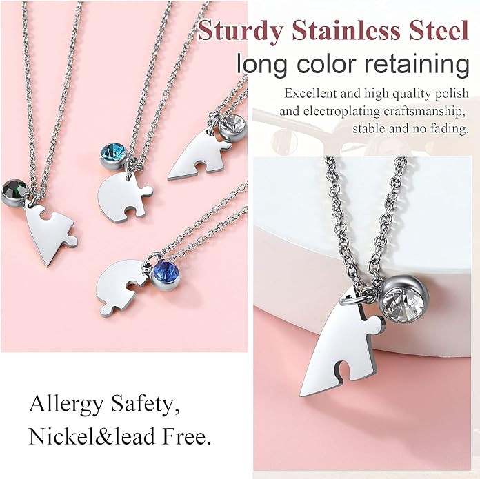 FindChic Personalized Matching BFF Necklace for 2/3/4/5/6 Puzzle Name Heart Pendant Stainless Steel Couple Necklace Set Customized Necklaces for Teen Girls