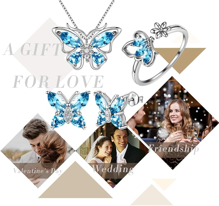 Aurora Tears Butterfly Jewelry,Women 925 Sterling Silver Butterflies Birthstone Pendant Necklace/Earrings/Rings Wedding Gift