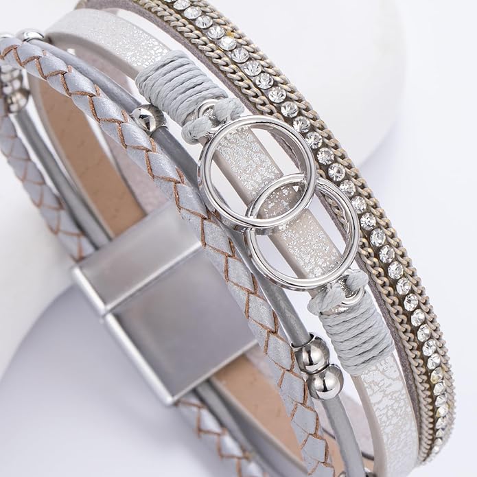 FANCY SHINY Boho Leather Wrap Bracelet Stackable Infinity Chunky Cuff Bracelets Western Hippie Outfits Jewelry Valentine Gifts for Women