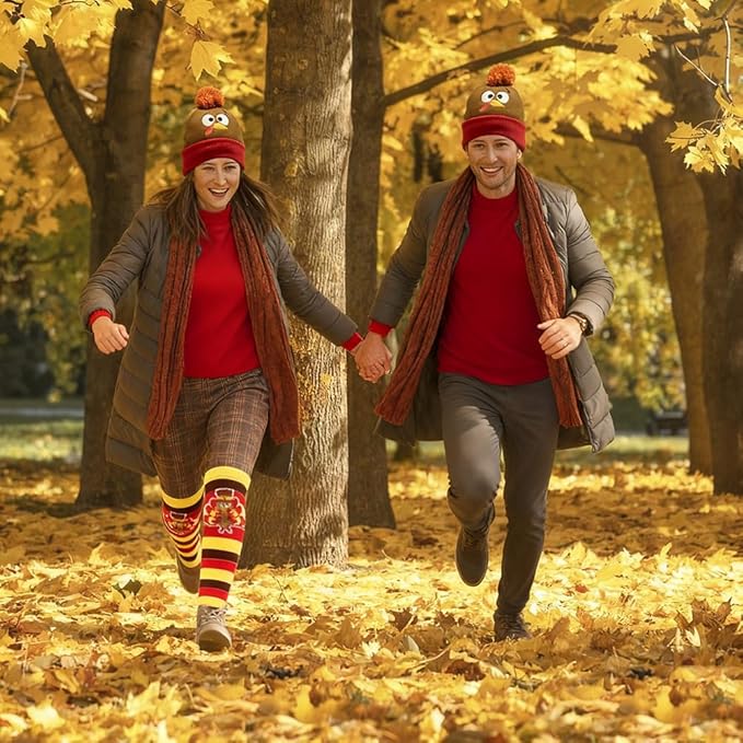 CAMIRUS 6PCS Thanksgiving Turkey Trot, 3Pcs Beanie Hat and 3Pcs Socks Thanksgiving Day Turkey Beanie Hat for Adults Men Women