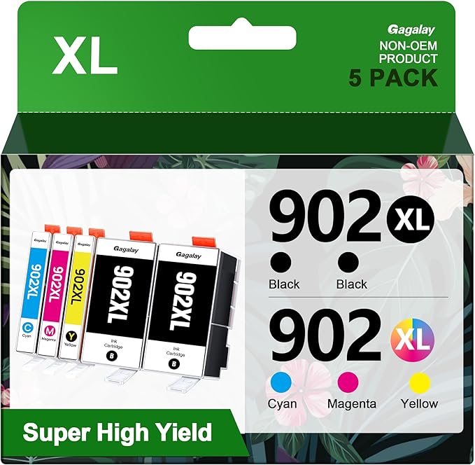 902XL Ink Cartridges for Printers 5 Pack Replacement for 902XL Ink Cartridges Combo Pack 902XL Works for 6958 6962 6950 Pro 6978 6968 6975 Printer T0A39AN, Cyan Magenta Yellow 2 Black