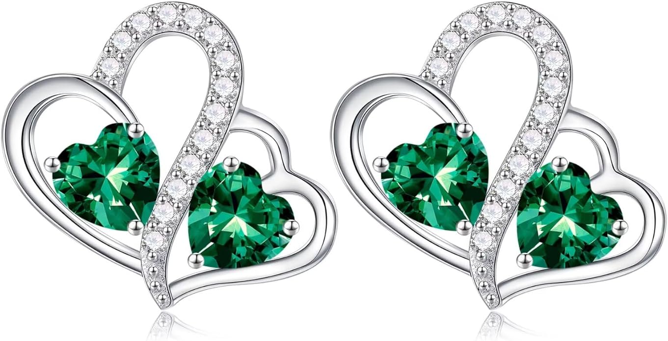 Iefil Valentines Day Gifts for Her - Birthstone Earrings Gift for Women, 925 Sterling Silver Double Heart Birthstone Earrings | Anniversary Birthday Gifts for Women, Personalized Jewelry for Wife Mom