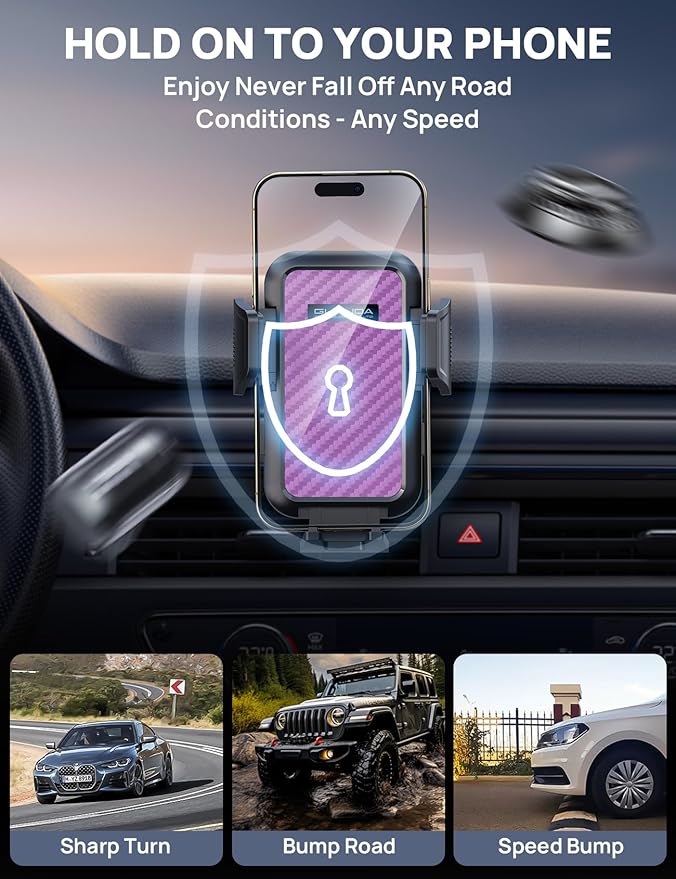 [2025 New] Dashboard Phone Holders for Your Car (+Vent Hook)[Military Grade Stable] Car Cell Phone Holder, Non-Slip Silicone Carbon Fiber Car Phone Mount, Rotatable Suction Cup for All Phone,Purple