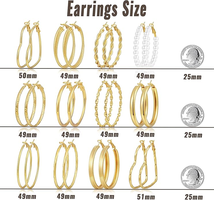 12 Pairs Chunky Gold Hoop Earrings for Women Trendy, Gold Plated Lightweight Hypoallergenic Stack, Thick Open Twisted Huggie Hoops Earring Set