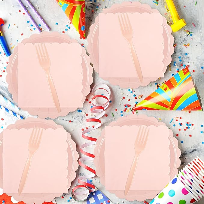 96PCS Pink Paper Plates and Napkins, 24 Guest Light Pink Disposable Tableware Set Include Scalloped Paper Plates Napkins and Forks Decoration Party Supplies for Birthday Wedding Baby Shower