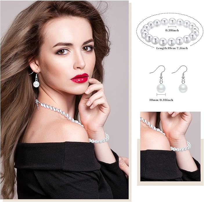 Laumoi Set of 12 Faux Pearl Jewelry 10 mm Round Shell Pearl Big Simulated Pearl Necklace Bracelet Earrings Stunning Bracelet Dangle Earrings Pearl Statement Jewelry Gift for Women, 12 Colors