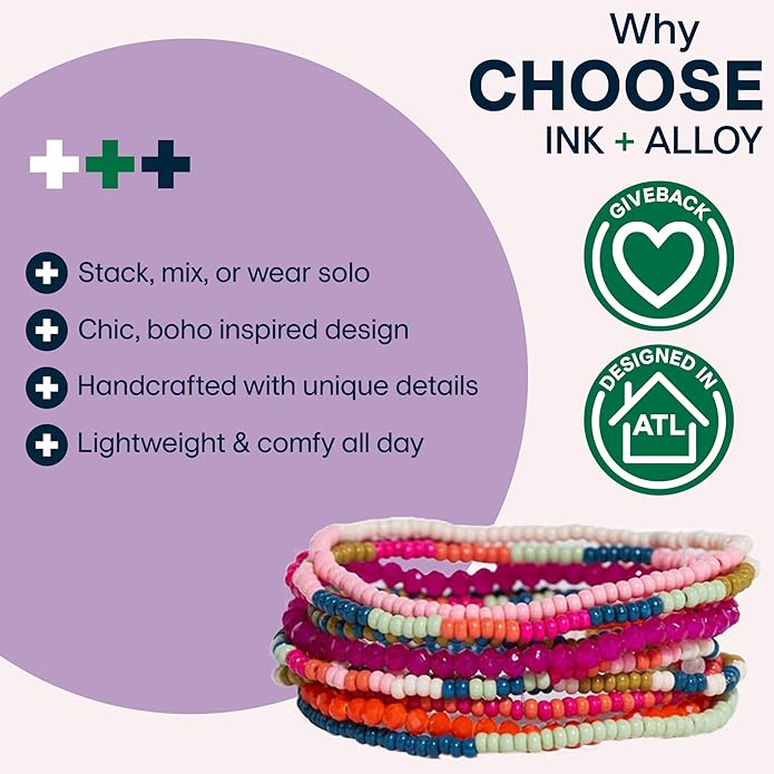 INK + ALLOY 10-Strand Stacking Beaded Bracelets for Women – Mixed Patterns Bracelet Stack - Adjustable Stretch Fit - Handmade Boho Bracelets for Women - Perfect for Any Occasion