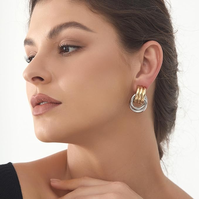 Circle Knot Link Earrings for Women, Silver and Yellow Drop Dangle Geometric Knot Studs, Women's Jewelry L Size