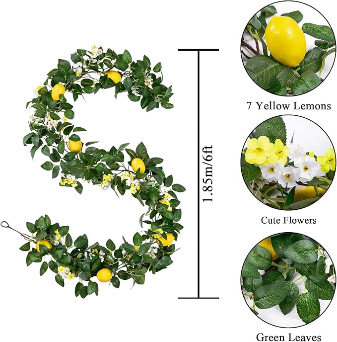 U'Artlines 4Pcs Total 24 Ft Artificial Lemon Garland Spring Summer Faux Fruit Vine Garlands with Greenery for Door Wall Mantle Wedding Party Table Decorations