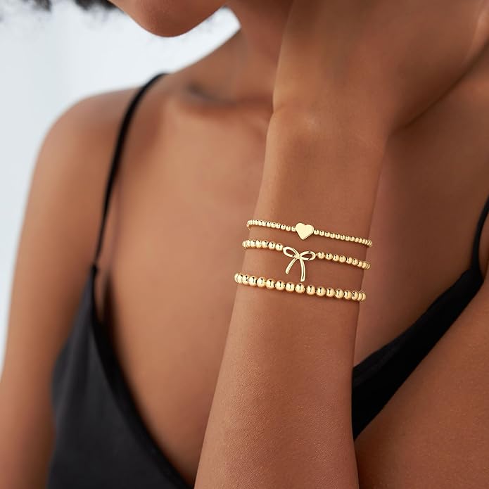Turandoss Gold Bracelets for Women - Dainty 14K Gold Plated Bow Cross Beaded Bracelets for Women Stackable Heart Bead Bracelet Set Wave CZ Round Ball Bracelet Valentine's Day Gifts for Her